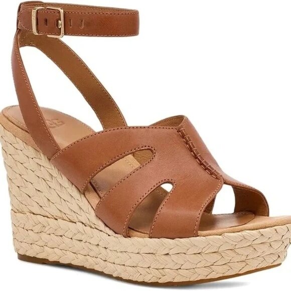NIB UGG Careena Wedge Heeled Sandals Chestnut Leather US 6.5 EU 37.5 UK 4.5